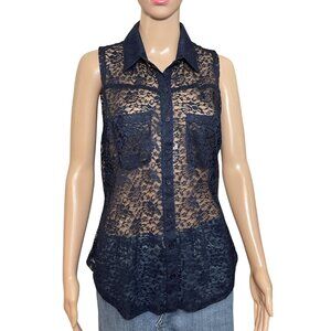 NWT Zenana Outfitters Navy Blue Lace Button Down Shirt Size Large